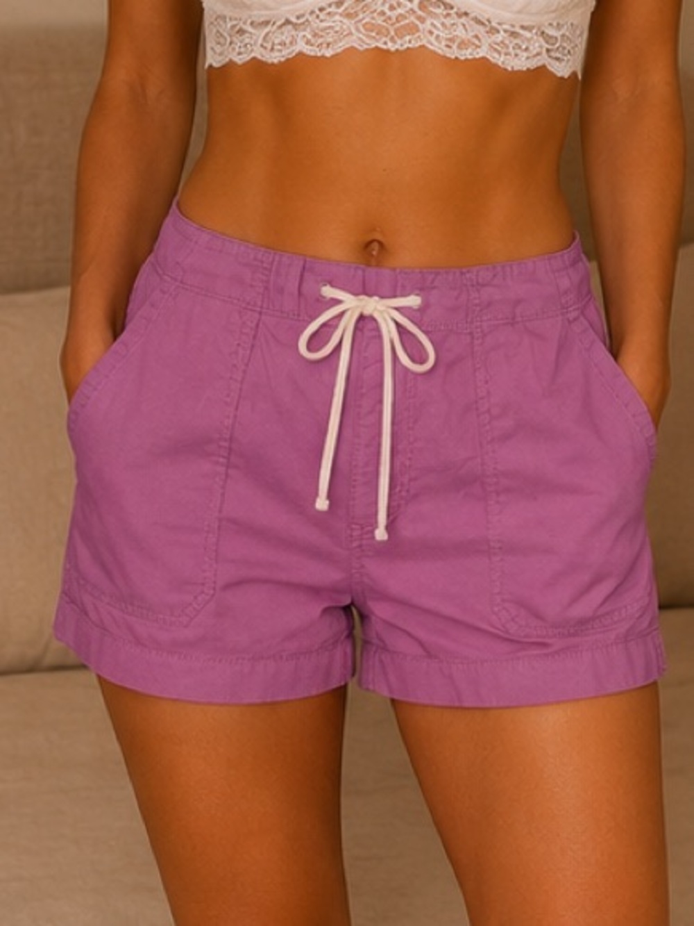 of LOFT Drawstring Cotton Twill Utility Shorts in a vibrant mauve/pink hue 12